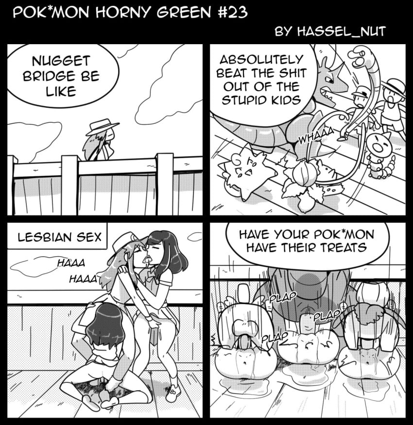 3boys 3girls bridge bug_catcher camper_(pokemon) clefairy comic cunnilingus defeated ekans english_text fingering fingering_pussy fluids hat ivysaur kissing kneeling lass_(pokemon) lass_(pokemon_rgby) leaf_(pokemon) mating_press monochrome nidoking npc_trainer pokemon pokemon_frlg pokephilia pussy_juice sex skirt skirt_lift speech_bubble straight text weedle wolfgang_bang yuri