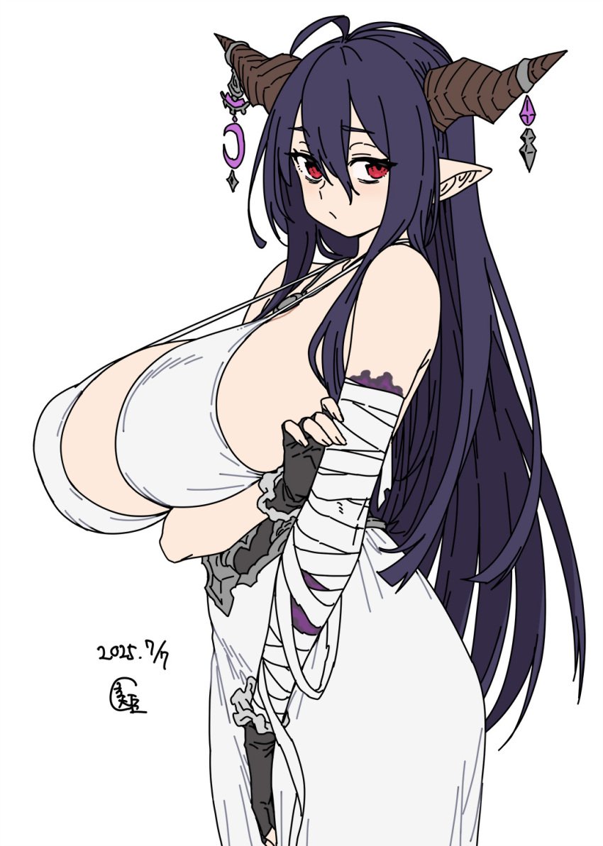 bandaged_arm bandages black_gloves black_hair breasts brown_horns danua draph dress female fingerless_gloves gloves granblue_fantasy hair_between_eyes highres horns houtengeki large_breasts long_hair pointy_ears red_eyes simple_background solo white_background white_dress