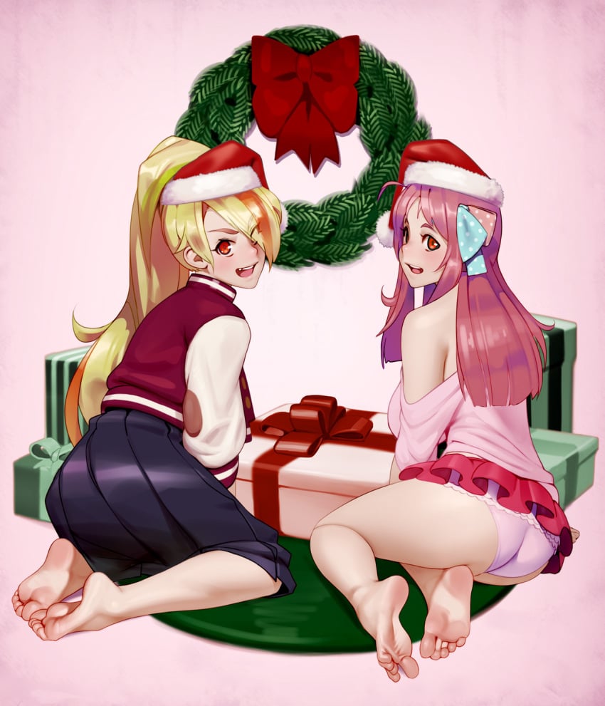 2girls ahoge ass barefoot blonde_hair christmas clothed feet kairuhentai kairunoburogu large_breasts letterman_jacket long_hair looking_at_viewer microskirt minamoto_sakura multiple_girls nikaidou_saki off-shoulder_sweater panties panty_peek pink_hair pink_panties pleated_skirt red_eyes santa_hat skirt soles toes zombie_land_saga