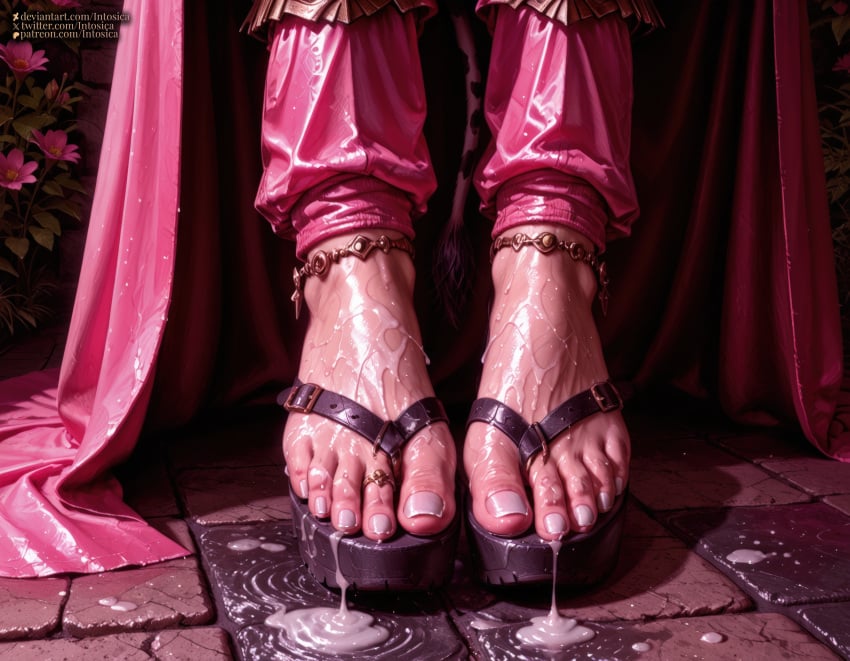 1girls 2025 ai_generated animal_tail anklet black_footwear black_fur cape cloak cow_print cow_tail cum cum_on_feet cum_on_floor cum_on_lower_body cum_on_sandals digital_media_(artwork) fantasy feet female flower foot_fetish foot_focus footwear glistening gold_jewelry high_heels hucow hybrid intosica jewelry kemono leather lower_body medieval outdoors pink_clothing pink_theme platform_heels sandals solo spots standing stone_floor tail_tuft toe_ring toenails toes wet white_fur