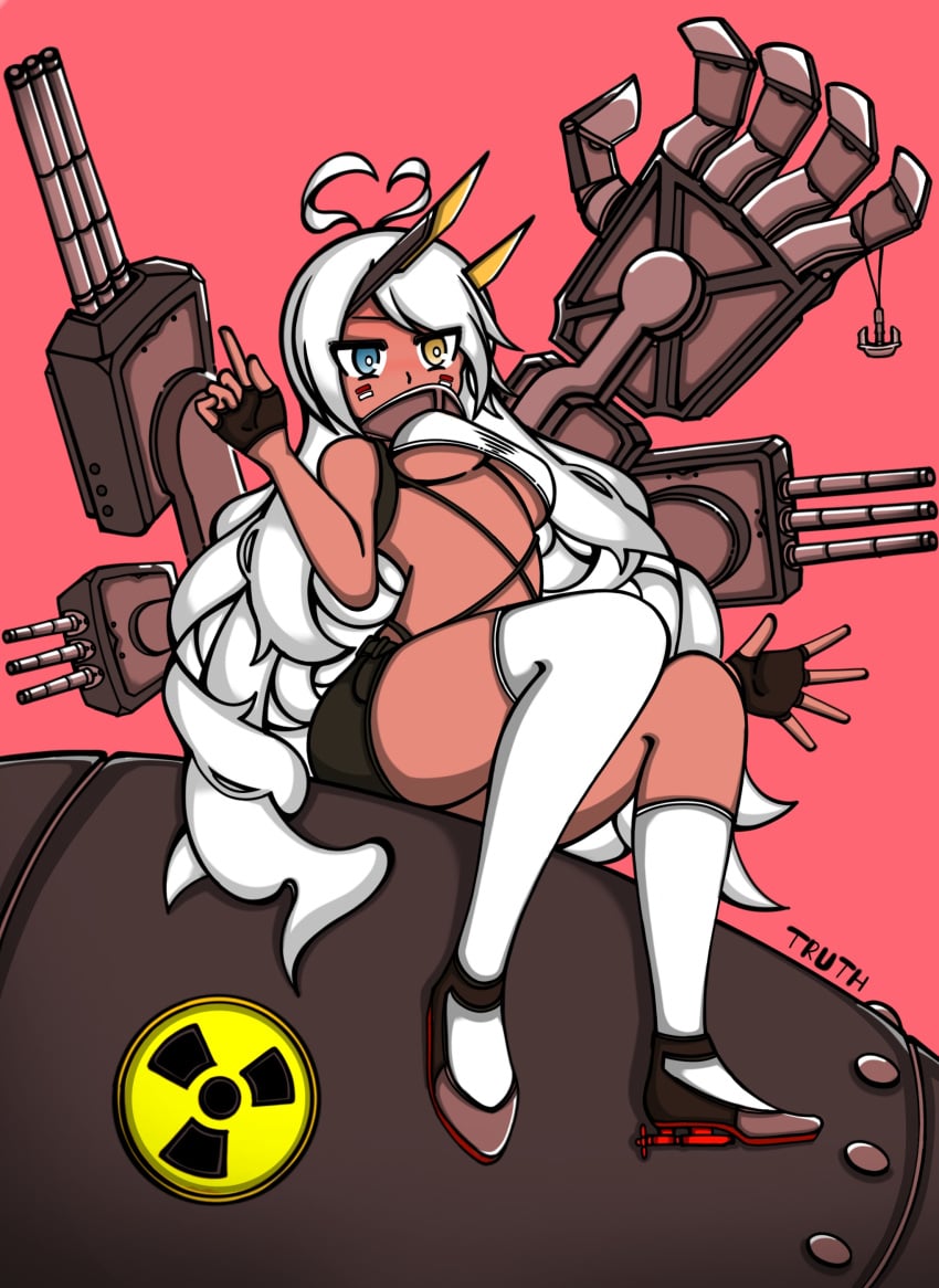 adorable anchor asking_for_it asymmetrical_legwear azur_lane cannon covering_mouth cute dark-skinned_female dark_skin deejon different_eye_color gloves half_gloves harness heterochromia high_heels horns imminent_rape imminent_sex indianapolis_(azur_lane) leggings long_hair mecha mechanical_arm nuclear_bomb nuke petite radioactive_sign revealing_clothes sassy ship ship_girl shorts sitting small_body small_boobs small_breasts socks tan_body tan_skin tanned thick_thighs underboob white_hair