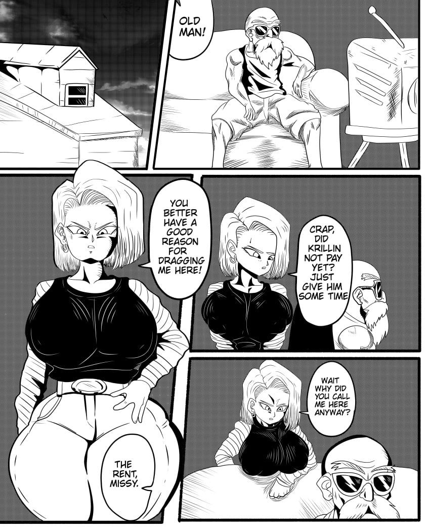 ! 1boy 1boy1girl 1girls ? absurdres age_difference android_18 angry bald beard belt breasts clothed collarbone comic couch curvy dialogue doompypomp dragon_ball dragon_ball_z duo english_text eyewear facial_hair female frown hand_on_hip highres house huge_breasts human jeans male master_roshi monochrome nipple_bulge old_man older_male shorts speech_bubble sunglasses tank_top television text thick_thighs watching_tv wide_hips yelling younger_female