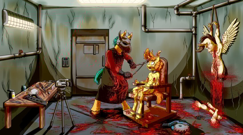 absurd_res anthro basement blood blood_from_mouth blood_in_mouth blood_splatter bodily_fluids bruised camera death dismembered dismemberment equid equine female friendship_is_magic gore group guts hanging hasbro hi_res horn horror_(theme) horror_movie horse hostel intestines killing male mammal movie_reference murderer my_little_pony mythological_creature mythological_equine mythology nailed nude organs pegasus pony pound_cake_(mlp) pumpkin_cake_(mlp) splatter tools torture torture_device trio unicorn video_camera wings wounded zooshi