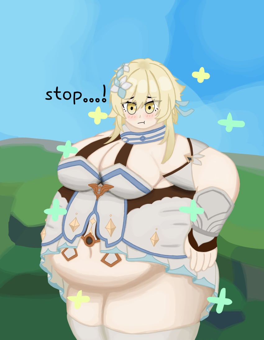 1girl 1girls amber_eyes bbw belly_bulge belly_overhang blonde_female blonde_hair blonde_hair_female blush bottomless bottomless_female chubby chubby_belly chubby_female chubby_legs exposed_fat_belly fat feather_hair_ornament feather_in_hair female female_focus female_only fingerless_gloves flowers_in_hair genshin_impact gloved_thumbs hair_accessory hair_bangs hair_flaps hair_ornament healing_symbol large_breasts lumine_(genshin_impact) mihoyo obese obese_female overeating overweight overweight_female pout pouting short_hair solo_female thick_arms thick_hips thick_legs thick_thighs thigh_boots tight_clothing traveler_(genshin_impact) wardrobe_malfunction weight_gain weight_gain_female white_background white_dress wrist_guards