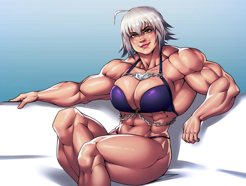 1girls abs ahoge armpits ass bare_shoulders bikini breasts busty chains cleavage clothed extreme_muscles fate/grand_order fate_(series) female female_only huge_ass huge_breasts human jeanne_alter jeanne_d'arc_(fate) large_breasts looking_at_viewer muscles muscular muscular_female navel r3ydart silver_hair sitting smile solo thick_thighs thong white_hair wide_hips yellow_eyes