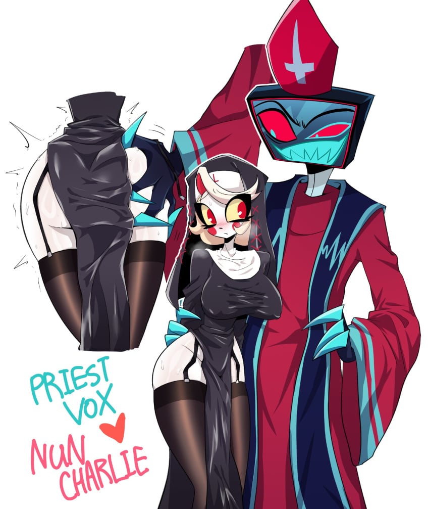 ass big_breasts big_butt blonde_hair blue_body blush bodily_fluids breasts butt_grab charlie_morningstar clothed clothing demon demon_humanoid duo electronics female for_a_head hair hand_on_butt hat hazbin_hotel headgear headwear hi_res humanoid male male/female nun_outfit nyochandesuyo object_head open_mouth open_smile partially_clothed priest priest_robes red_eyes screen screen_face screen_head smile standing sweat television thick_thighs tv_head vox_(hazbin_hotel) white_body