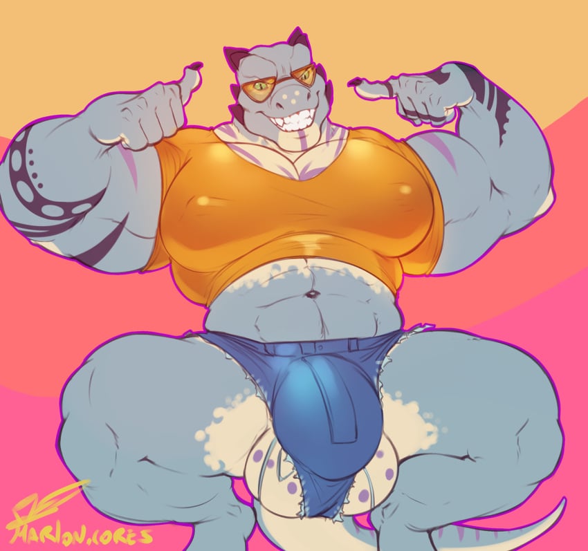 anthro atlas_(fusion_h0ss) balls big_balls bulge clothed clothing eyewear glasses looking_at_viewer male male_only marlon.cores muscular muscular_male nipple_bulge pecs scalie smile solo tight_clothing