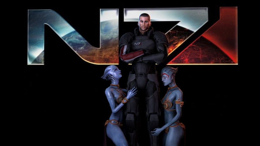 1boy 2girls 3d armor asari black_background blue_skin commander_shepard femsub kneeling leg_cling liara_t'soni looking_at_partner looking_at_viewer looking_up maledom mass_effect mass_effect_3 multiple_girls multiple_subs samara shittyhorsey slave_bikini slave_leia_(cosplay)