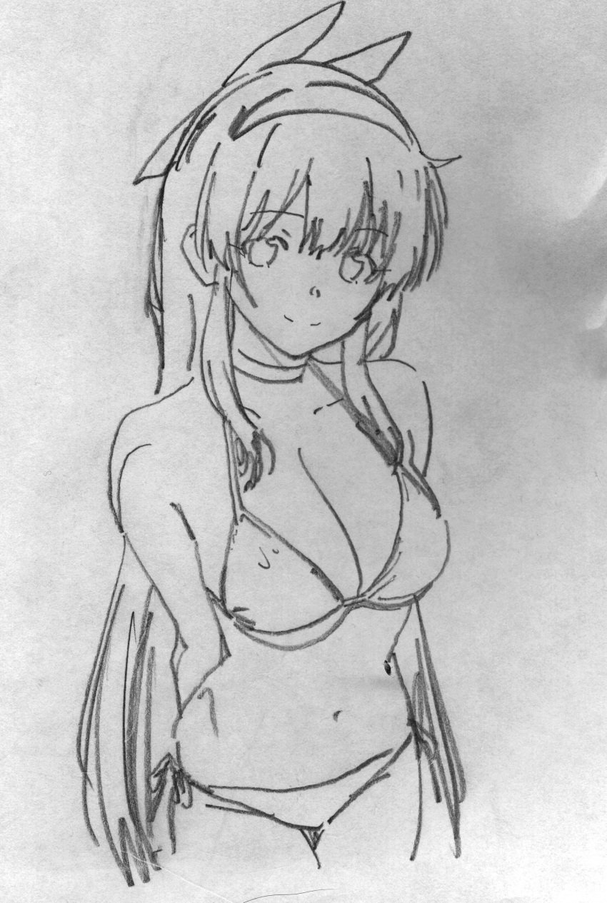 1girls arms_behind_back breasts cleavage female female_only hair_ribbon highres king_of_fighters large_breasts legs long_hair looking_at_viewer monochrome nakoruru navel pose posing ribbon samurai_shodown sketch smile snk solo thighs traditional_media very_long_hair voluptuous