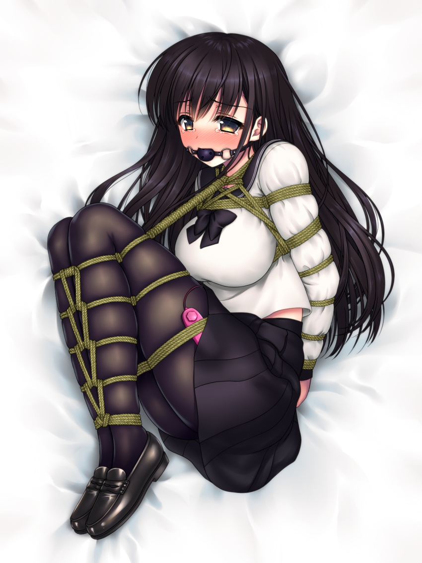 arms_behind_back ball_gag bangs bed_sheet black_ball_gag black_footwear black_hair black_legwear black_neckwear black_sailor_collar black_skirt blush bondage bound bound_arms bound_legs bow bowtie breasts clothing controller embarrassed eyebrows_visible_through_hair female from_above gag gagged highres legs_together long_hair long_sleeves looking_at_viewer lying medium_breasts miniskirt nose_blush on_side open_mouth original pantyhose pleated_skirt remote_control remote_control_vibrator rope sailor_collar sakurayashiki_nisei school_uniform serafuku shiny shiny_hair shirt shoes skindentation skirt solo tears textless tied_up vibrator vibrator_cord vibrator_under_clothes white_background white_shirt yellow_eyes