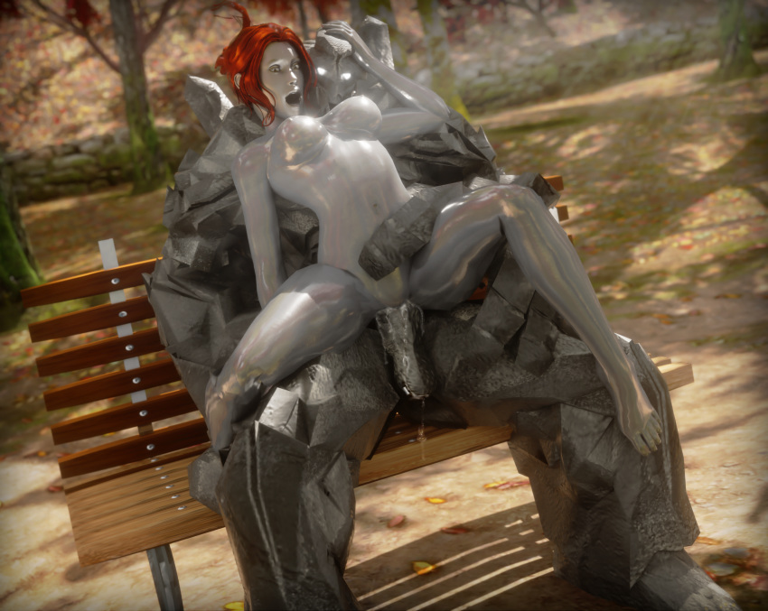 1boy 1girls 3d bench breasts cessily_kincaid cum_in_pussy large_insertion marvel metal_skin new_mutants new_x-men nude outdoors outside red_hair reverse_cowgirl_position rockslide silver_skin sitting_on_bench x-men xelandis xnalara xps