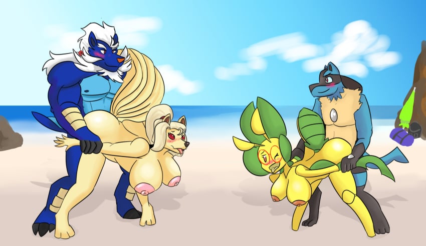 2018 2boys 2girls anthro anthrofied arm_grab ass beach big_ass big_breasts bill_(skybluefox) blush breasts canine eyewear facial_hair female freckles from_behind_position fur furry glasses group hair hambor12 hanging_breasts huge_breasts insect interspecies leavanny looking_pleasured lucario male male_penetrating melanie_(hambor12) multi_tail ninetales nintendo nipples nude outside penetration pokemon pokemon_(species) pokemon_bw pokemon_dppt prison_guard_position rose_(skybluefox) sammy_(hambor12) samurott seaside sex smile swapping_partners video_games water