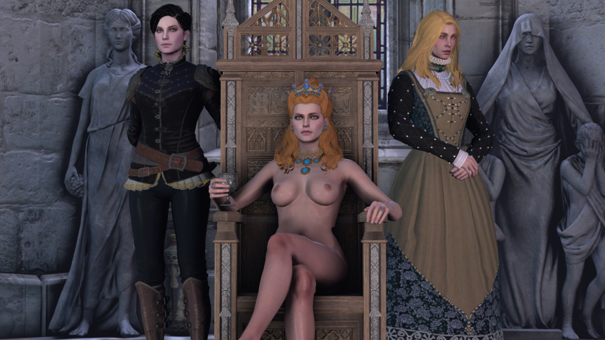 3d 3girls anna_henrietta areolae black_hair blonde_hair breasts cd_projekt_red crossed_legs female female_only nipples petite royalty shittyhorsey sisters sitting_on_throne standing syanna the_witcher_(series) the_witcher_3:_blood_and_wine the_witcher_3:_wild_hunt vivienne_de_tabris