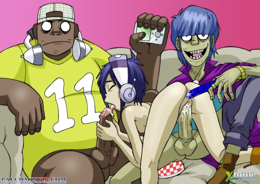 1girls 2boys anal_object_insertion cap dark-skinned_male female gorillaz headphones headphones_around_neck male murdoc_niccals noodle_(gorillaz) palcomix penis russel_hobbs sex tagme threesome vaginal_sex