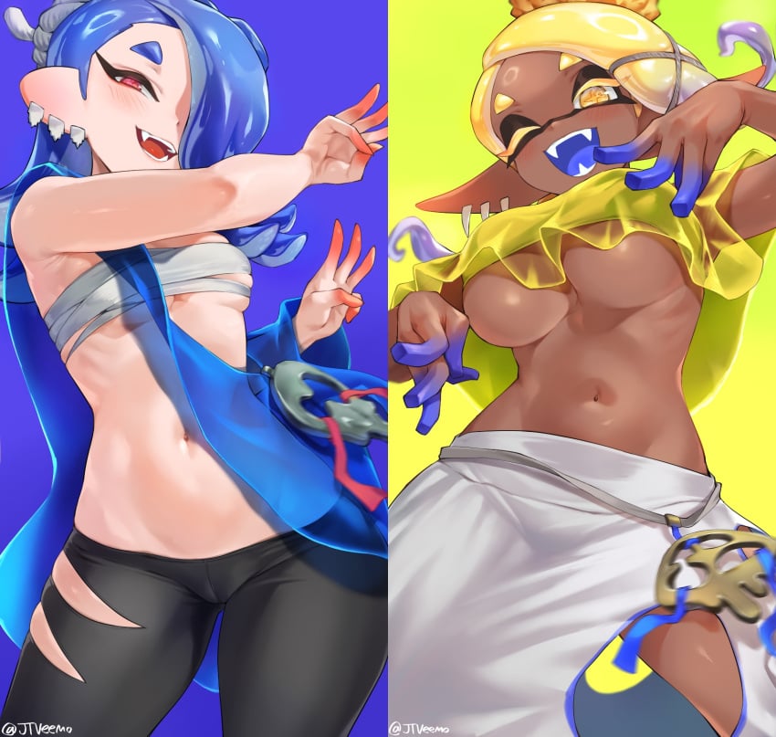 2girls absurd_res arm_up armpit_crease armpits big_breasts blonde_female blue_theme breasts chest_wraps dark-skinned_female dark_skin deep_cut_(splatoon) eye_contact female female_only frye_(splatoon) fully_clothed half-closed_eyes humanoid inkling jtveemo looking_at_viewer nintendo octoling piercing pointy_ears red_eyes shiver_(splatoon) small_breasts solo solo_female splatoon splatoon_3 standing tentacle_hair tight_clothing tight_pants underboob wraps yellow_eyes yellow_theme