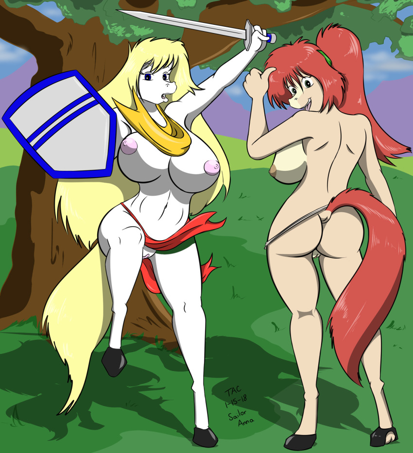 2018 anna_(sailoranna) anthro ass big_breasts blonde_hair blue_eyes breasts clothed clothing dock duo equine female green_eyes hair hi_res holding_object holding_weapon horse loincloth long_hair looking_at_viewer looking_back mammal melee_weapon mostly_nude navel nipples nude on_one_leg open_mouth outside ponytail pussy rear_view red_hair sailoranna sara_(sailoranna) shield standing sword topless tree weapon