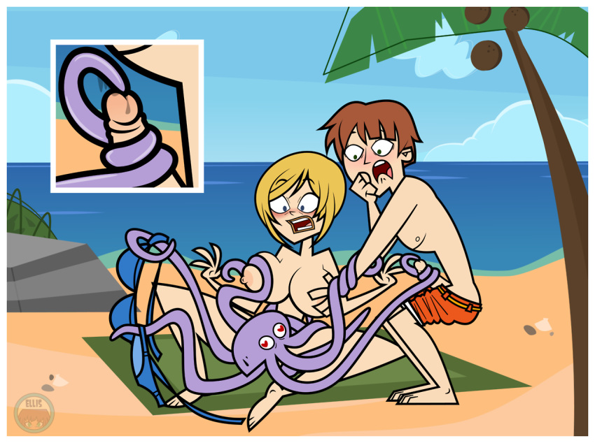 ambiguous_gender bikini bisexual blonde_hair blush breast_grab breasts brown_hair cephalopod clothing elinor_the_witch ellissummer female hair hand_on_breast hornyhobbit human male mammal marine masturbation mollusk mother-of-trolls octopus penis swimming_trunks swimsuit tentacle undressing