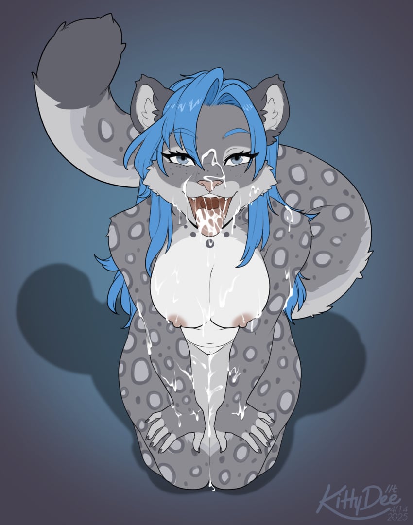 2025 5_fingers anthro areola biped blue_eyes blue_hair bodily_fluids breasts countershade_torso countershading cum cum_in_mouth cum_inside cum_on_arm cum_on_body cum_on_breasts cum_on_chest cum_on_face cum_on_leg cum_on_tongue digital_media_(artwork) felid female fingernails fingers front_view fur genital_fluids genitals grey_body grey_fur grey_spots grey_tail hair hi_res inner_ear_fluff kittydee kneeling long_hair looking_at_viewer mammal markings nails navel nipples nude nude_anthro nude_female open_mouth pantherine pussy simple_background snow_leopard solo spots spotted_body spotted_fur spotted_markings spotted_tail tail tail_markings teeth tongue tuft uvula