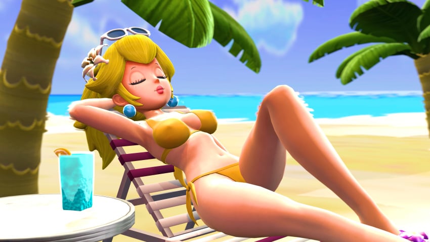 1girls 3d arm_behind_head armpits beach big_breasts bikini blonde_hair breasts busty cleavage closed_eyes covered_nipples erect_nipples_under_clothes female female_only gold_bikini hi_res large_breasts legs long_hair lying mario_(series) navel nintendo novasupra ocean pink_lipstick ponytail pose posing princess princess_peach sensual sexy sexy_pose smile solo thighs voluptuous water