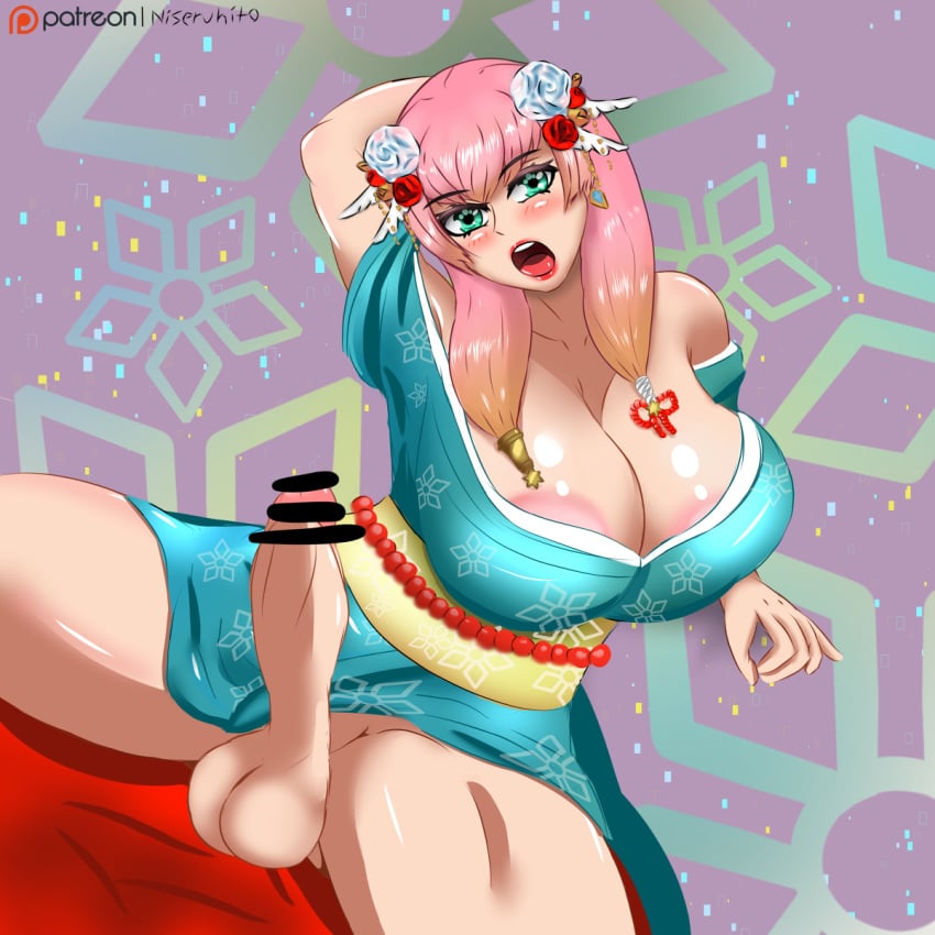 1futa aqua_eyes areolae_slip big_breasts blonde_hair breasts censored clothed clothed_futanari fire_emblem fire_emblem_heroes futanari gradient_hair gunnthra_(fire_emblem) gunnthra_(new_year)_(fire_emblem) intelligent_systems intersex kimono light-skinned light-skinned_futanari nintendo niseruhito one_hand_behind_head open_mouth penis pink_hair sitting solo solo_futa spread_legs testicles thick_thighs thighs