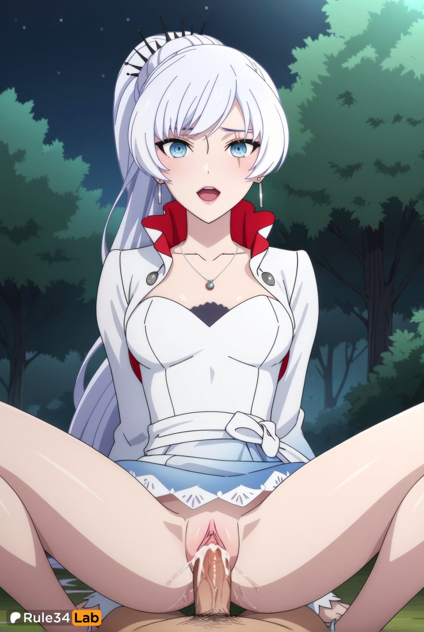 1boy 1boy1girl 1girls ai_generated artist_name blue_eyes blush breasts clothed_sex collarbone cowgirl_position cum cum_in_pussy dress earrings female hair_ornament hi_res jewelry long_hair long_sleeves looking_at_viewer male necklace night open_mouth outdoors penis ponytail pov pussy rule34lab rwby scar scar_across_eye scar_on_face sex side_ponytail solo_focus spread_legs straddling straight thighs tree uncensored vaginal_penetration vaginal_sex very_long_hair weiss_schnee white_dress white_hair