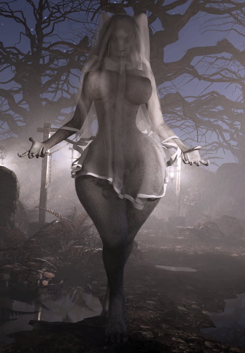 3d absurd_res areola big_breasts breasts canid canine cape chadotexas claws clothed clothing curvy_figure detailed_background digital_media_(artwork) digitigrade female fog forest fur genitals ghost_costume grey_body grey_fur grey_hair grey_skin hair hi_res long_hair mammal nipples partially_clothed plant pussy road solo thick_thighs translucent translucent_clothing tree undead white_body white_fur white_hair wide_hips