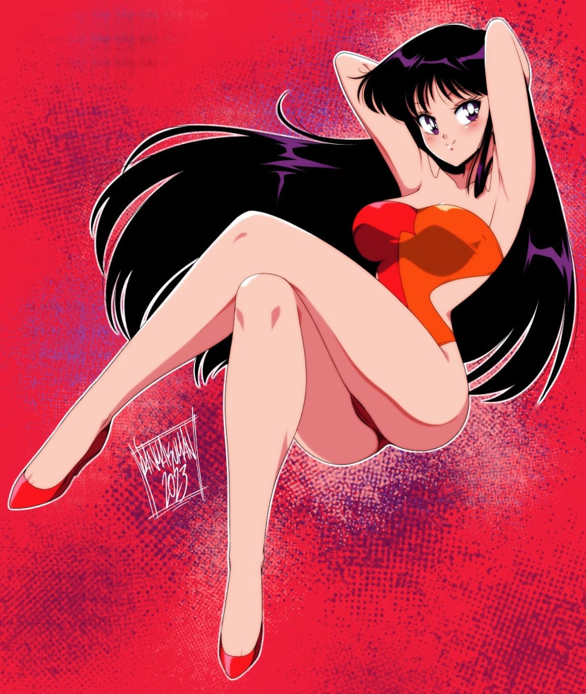 2023 alluring arms_behind_back arms_behind_head back_cutout bare_shoulders bikini bishoujo_senshi_sailor_moon black_hair blush clothing_cutout crossed_legs danmakuman dated female full_body high_heels high_res highleg highleg_one-piece_bikini long_hair multicolored_swimsuit official_alternate_costume one-piece_bikini purple_eyes red_background red_footwear rei_hino signature smiling_at_viewer strapless strapless_one-piece_bikini swimsuit