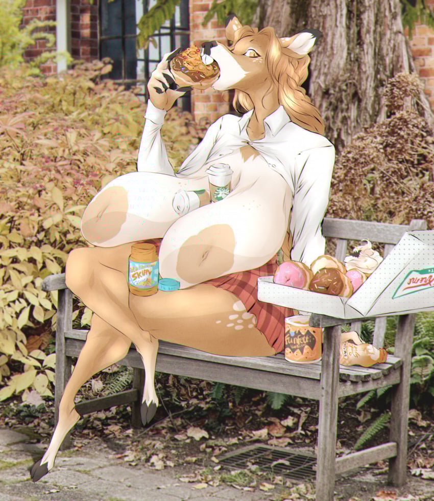 areola big_breasts bottomwear breasts brown_body brown_fur brown_hair buckteeth clothed clothing crossed_legs deer dessert doughnut dullvivid eating eating_food female fiona_fawnbags_(dullvivid) food fur hair hi_res hooves huge_breasts mammal markings miniskirt new_world_deer nipples open_clothing open_shirt open_topwear pastry peanut_butter sagging_breasts shirt skirt spots spotted_body spotted_fur spotted_markings tan_areola tan_body tan_fur tan_nipples teeth topwear white-tailed_deer wide_eyed