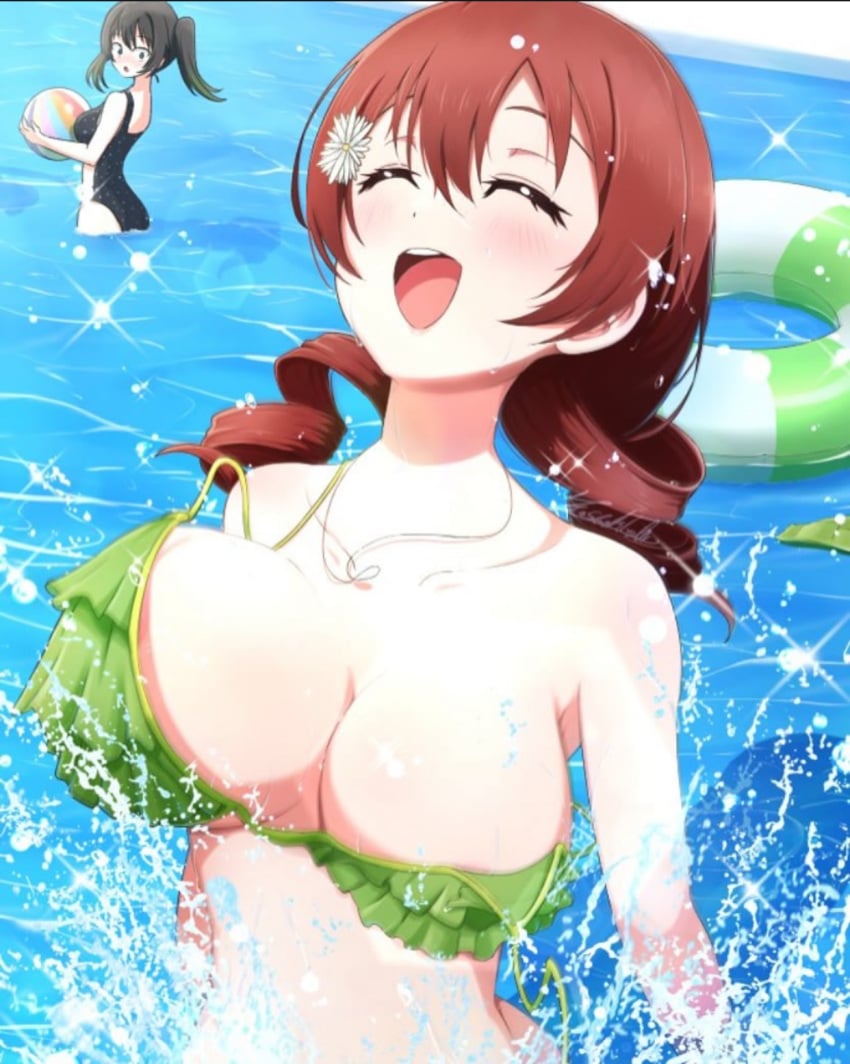 2girls :d accurate_art_style beach bikini black_hair breasts closed_eyes closed_eyes_smile emma_verde european_female female female_only floatie frilled_bikini green_bikini japanese_female jpeg_artifacts looking_at_viewer love_live! open_mouth pool red_hair scaled smile swimming swimsuit takasaki_yuu twintails wardrobe_malfunction