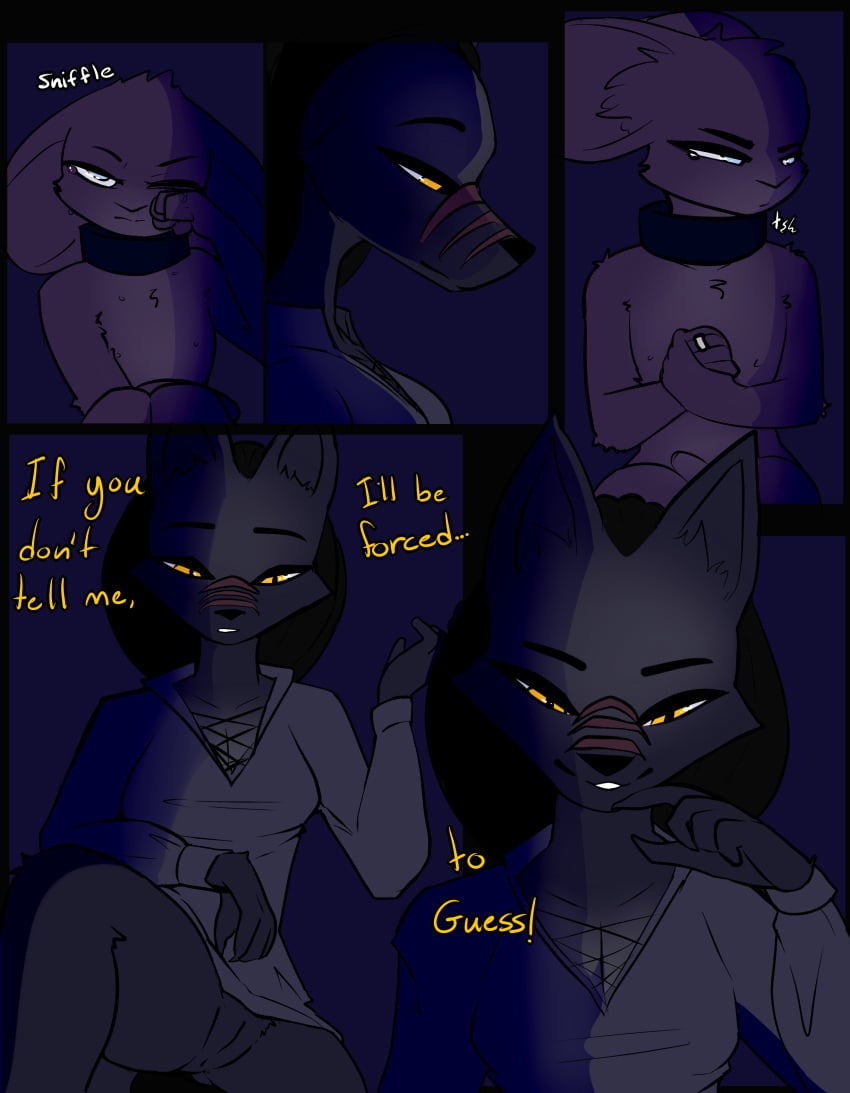 absurd_res angry anthro blue_eyes bodily_fluids bottomless canid canine clothed clothing collar comic crying dialogue duo facial_scar female flaccid fox genitals hi_res keta_(privvy) kidnapping looking_away looking_down male male/female mammal miguel_(privvy) mouse murid murine nipples penis privvys-art pussy red_fox ring rodent sad scar silver_fox smile tears text true_fox yellow_eyes