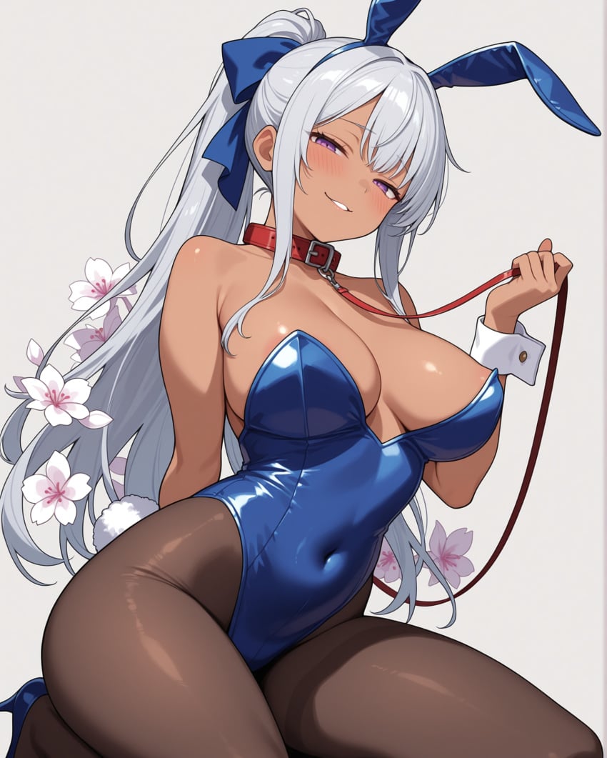 1girls ai_generated areola_slip blush breasts bunny_ears bunny_girl bunnysuit cleavage collar collar_and_leash covered_navel dark-skinned_female dark_skin detached_cuffs female flower flower_in_hair hair_between_eyes hair_ribbon heels high_ponytail holding_leash holding_object holding_own_leash kneeling large_breasts leash leash_and_collar leotard long_hair looking_at_viewer notreallyhere oc original_character pantyhose parted_lips perky_breasts ponytail purple_hair sidelocks silver_hair simple_background smile smug solo white_hair