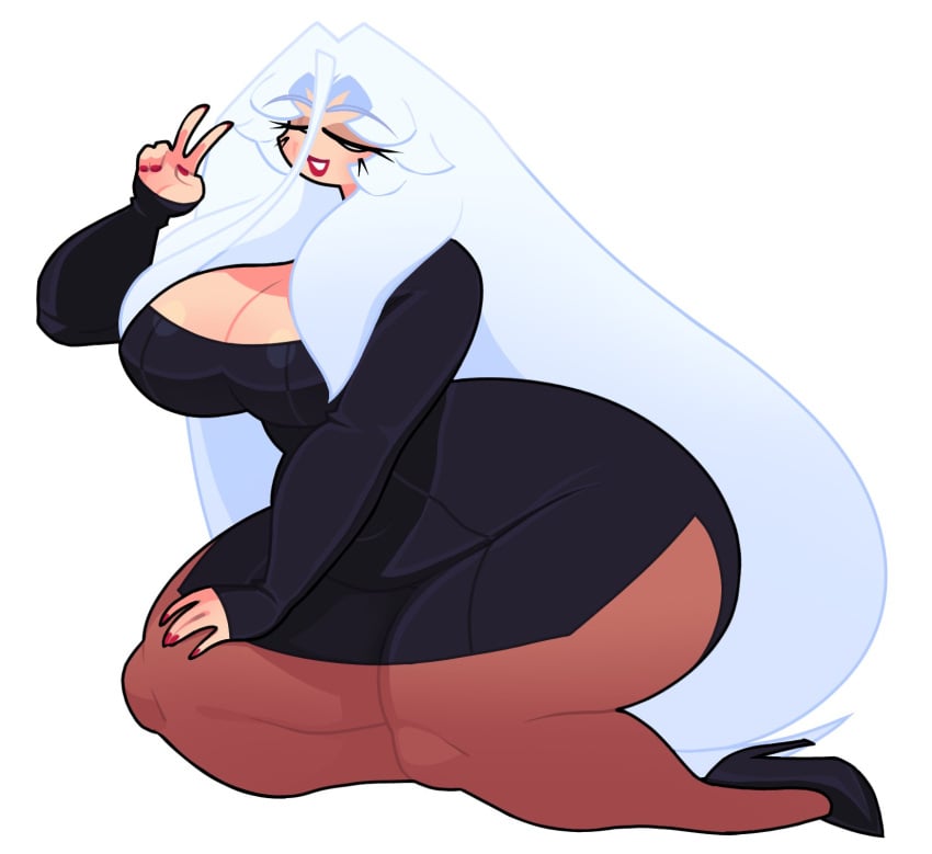 1girls away back big bubble butt closed_eyes cosplay fat female focus heels painted_nails peace_sign sitting thick_thighs white_hair wide_hips