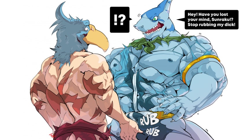 2025 5_fingers abs animal_mask anthro araba_(shangri-la_frontier) arm_scar armband artist_initials back_scar balls balls_outline barely_visible_butt beak_mask biceps big_biceps big_muscles biped black_speech_bubble blue_body blue_stripes bodily_fluids bulge bulge_grab bulge_rubbing cape claws clothed clothing colored colored_line_art cum detailed_bulge dialogue digital_drawing_(artwork) digital_media_(artwork) dripping duo fangs fin finger_claws fingers fish fuyifuji genital_fluids genital_outline genitals green_cape green_clothing green_eyes grope head_fin hi_res human human_on_anthro humanoid_hands interrobang interspecies looking_at_another looking_at_another's_crotch looking_at_crotch looking_down male mammal marine mask masked_human masked_male muscle_size_difference muscular muscular_anthro muscular_human muscular_male nipples non-mammal_nipples open_mouth pecs penis penis_outline scar shaded shangri-la_frontier shark sharp_teeth signature simple_background snout speech_bubble standing stripes sunraku surprised_expression tail teeth topless topless_human topless_male torn_clothing white_background white_claws white_sclera yellow_armband