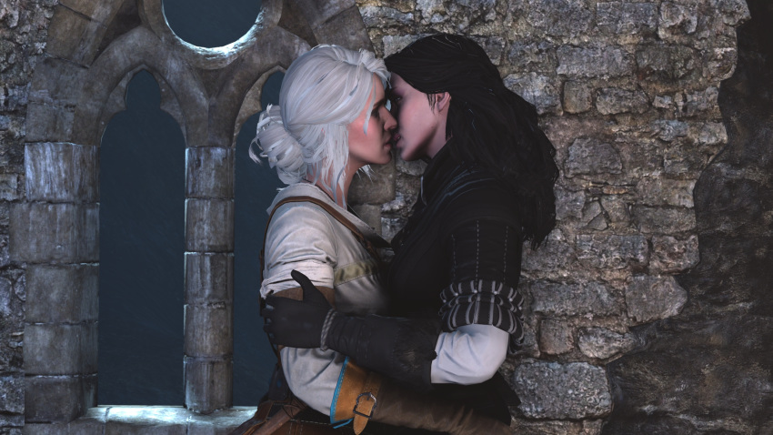 2girls 3d black_hair cd_projekt_red ciri female female_only fully_clothed hand_on_arm kissing multiple_girls romantic shittyhorsey the_witcher_(series) the_witcher_3:_wild_hunt white_hair yennefer yuri