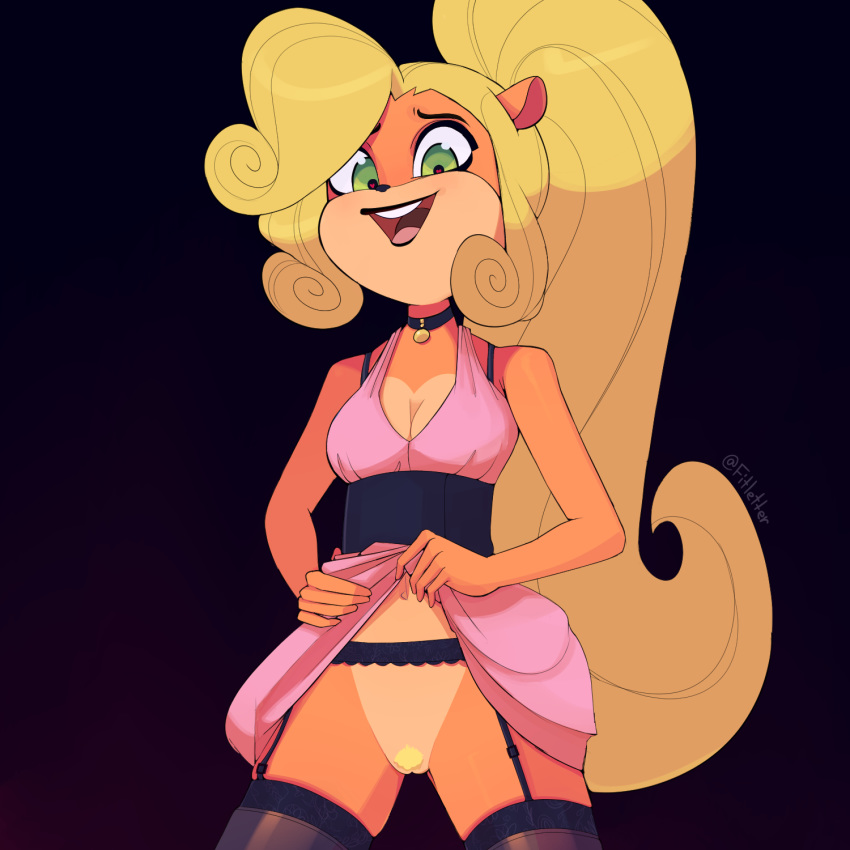 <3_eyes 2018 alternate_costume anthro bandicoot black_background blonde_hair bottomless breasts choker cleavage clothed clothing coco_bandicoot crash_(series) dress female fitletter fur garter_straps green_eyes grin hair heart legwear long_hair looking_at_viewer mammal marsupial navel orange_fur presenting presenting_pussy pubes pussy raised_skirt simple_background smile solo standing thigh_highs video_games