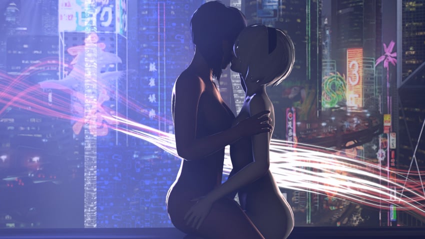 2girls 3d 3d_(artwork) android ass breasts crossover cyborg female female/female female_only ghost_in_the_shell ghost_in_the_shell_stand_alone_complex kissing kusanagi_motoko nier:_automata nier_(series) robot shittyhorsey uncensored white_hair yorha_2b yuri