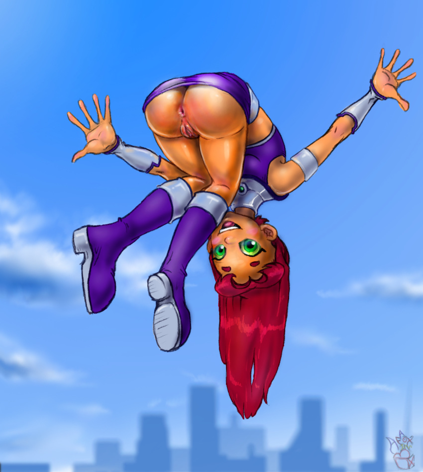 alien anus ass bent_over boots clothed dc exposed female flying looking_at_viewer looking_back no_panties outdoors patreon pussy release solo starfire teen_titans uncensored upside-down upskirt voyeur