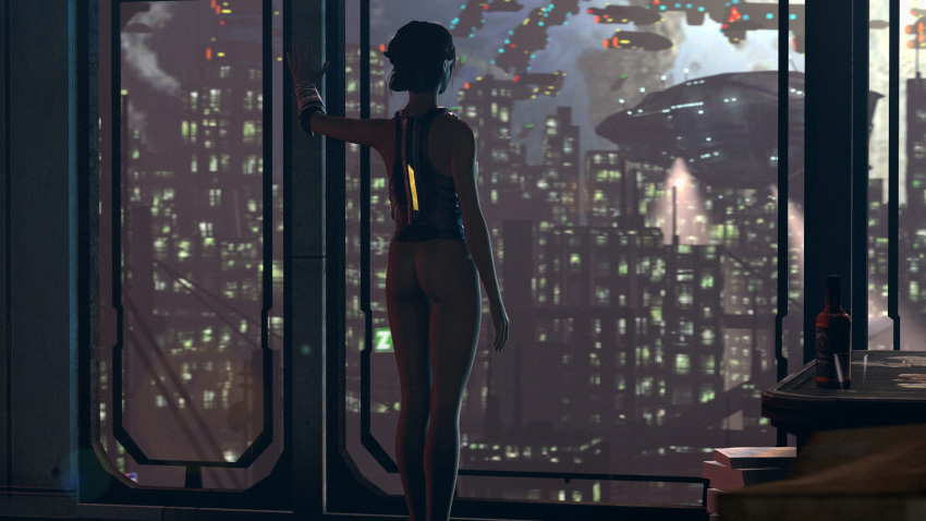 1girls 3d ass bottle casual clothing dark-skinned_female dark_skin dead_space dead_space_2 dead_space_3 ea electronic_arts ellie_langford female female_only futuristic human looking_through_window partially_clothed science_fiction scifi shittyhorsey skinny skyscraper solo solo_female whiskey window