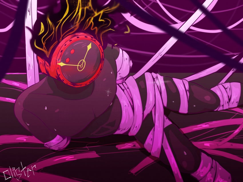 androgynous bondage bondage_gear bound bound_arms bound_wrists breasts breasts_out clock clock_head color colored dante_(limbus_company) fanart fire flame flames humanoid laying laying_down laying_on_side limbus_company object_head olister project_moon restrained roseate_desire sweat sweatdrop sweating sweaty_body sweaty_breasts tied_up tits tits_out