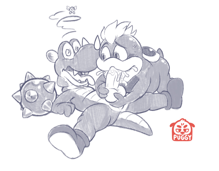 2boys balls cum cum_in_mouth full_body gay greyscale male male_only mario_(series) monochrome multiple_boys nintendo oral penis rex_(mario) simple_background spike_(mario) super_mario_bros. super_mario_world tail testicles thatpuggy yaoi