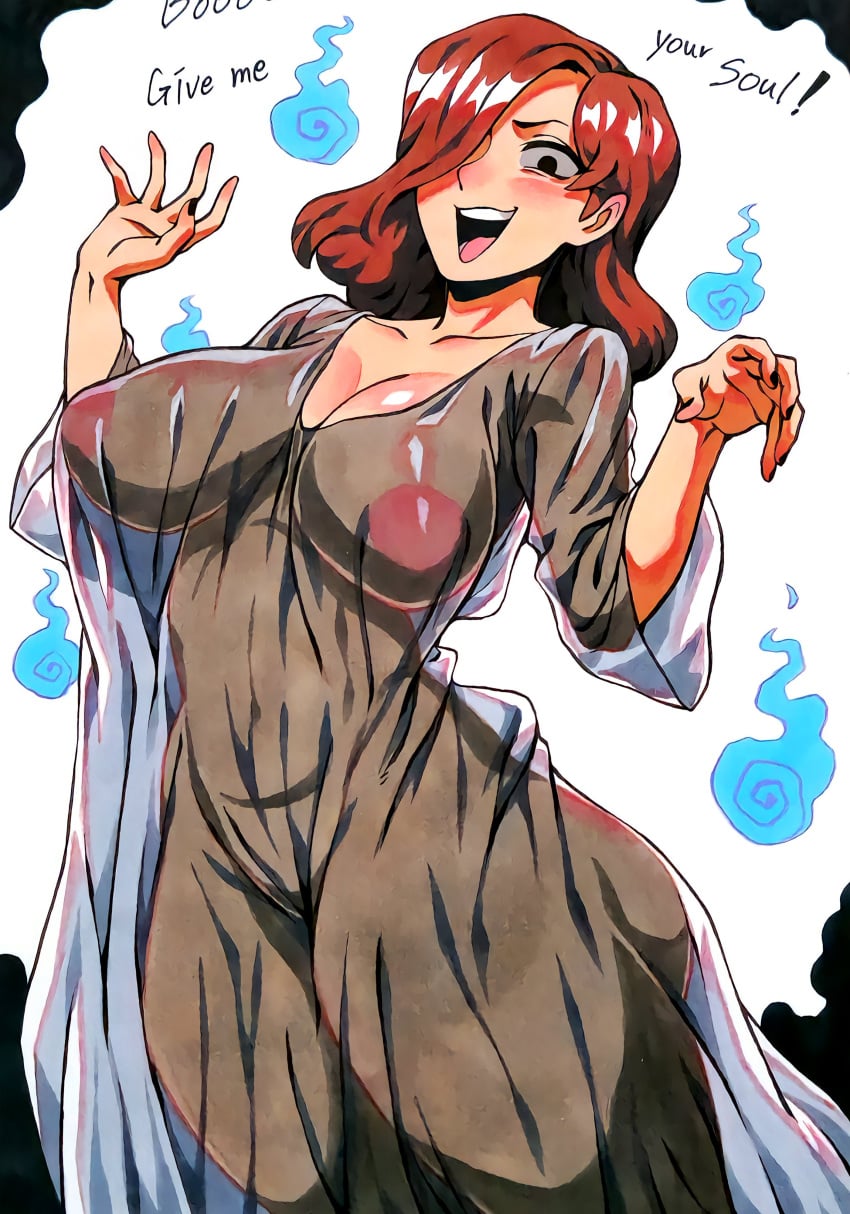 1girls johanna_(hilda) hilda_(series) milf mother mature_female mature mature_woman girin brown_hair hair long_hair black_eyes smile flames ghost_costume black_dress dress see-through see-through_clothing see-through_dress big_breasts breasts areolae areolae_visible_through_clothing hips thighs english_text english text solo solo_female female female_only