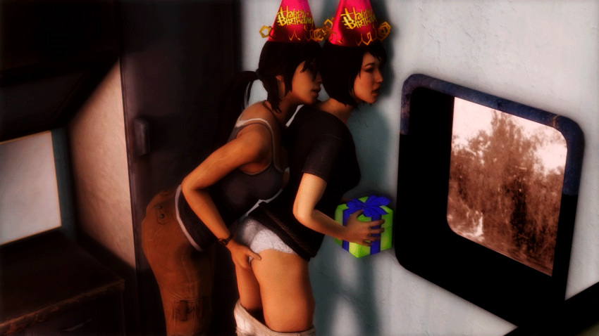 2girls 3d animated birthday birthday_hat black_hair brown_hair female female_only hand_on_crotch lara_croft lara_croft_(survivor) larryjohnsonsfm pants_down present samantha_nishimura tomb_raider tomb_raider_(survivor) yuri