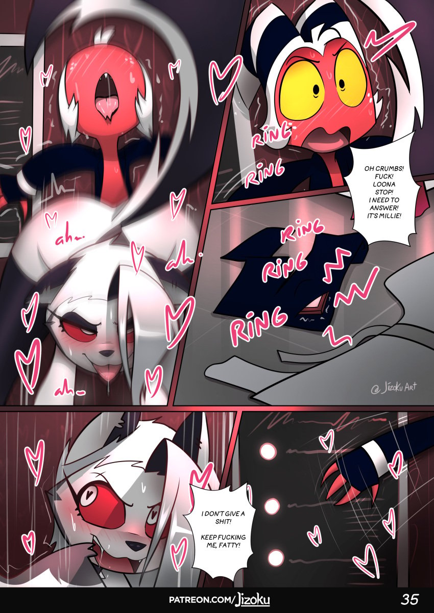 1boy 1girls 5_panel_comic ahe_gao anthro ass assertive assertive_female cheating cheating_husband comic dialogue english_text female front_view furry heart-shaped_pupils hellhound helluva_boss horns jizoku larger_female loona_(helluva_boss) moxxie_(helluva_boss) page_35 patreon_username penetration sex size_difference smaller_male tail twitter