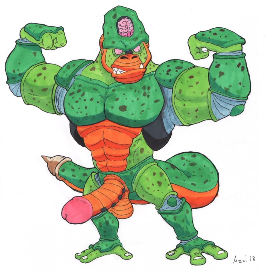 alternate_species android anthro ape azul_(artist) balls big_penis brain cell_(dragon_ball) dragon_ball dragon_ball_z erection flexing gorilla humanoid_penis hybrid machine male male_only mammal muscular muscular_male oozaru orange_balls penis primate robot solo