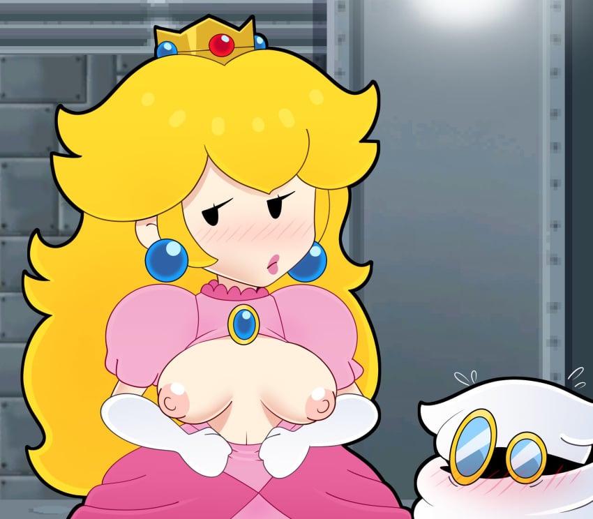 blonde_hair breasts breasts_out bubble_butt fully_clothed male mario_(series) nintendo nipples paper_mario paper_peach princess_peach somescrub x-naut