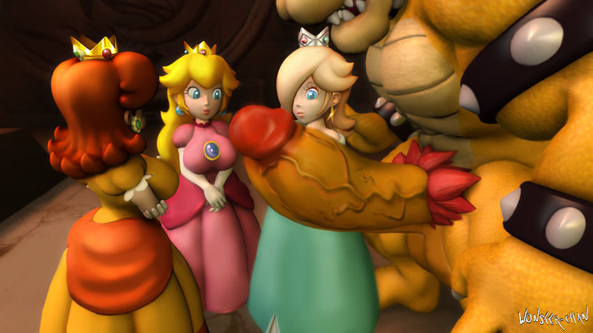 1boy 3d 3girls armlet ass_in_dress balls blue_dress bowser bracelet breast_lift breasts cleavage clothed clothed_female_nude_male clothing curvy dress earrings elbow_gloves erection eyelashes eyeless_male female female_focus flipped_hair flower_earrings gloves hair_over_one_eye highres huge_breasts human human_on_anthro hyper hyper_penis indoors interspecies koopa larger_male long_hair looking_at_another looking_at_penis male mario_(series) monster multiple_girls nintendo nude orange_dress penis pink_dress platinum_blonde_hair princess_daisy princess_peach princess_rosalina puffy_sleeves reptile scalie sharp_teeth sideboob sidelocks signature size_difference smaller_female spiked_armlet spiked_bracelet standing star_earrings straight testicles tight_clothing vein veiny_penis very_long_hair voluptuous wonster-chan yellow_dress