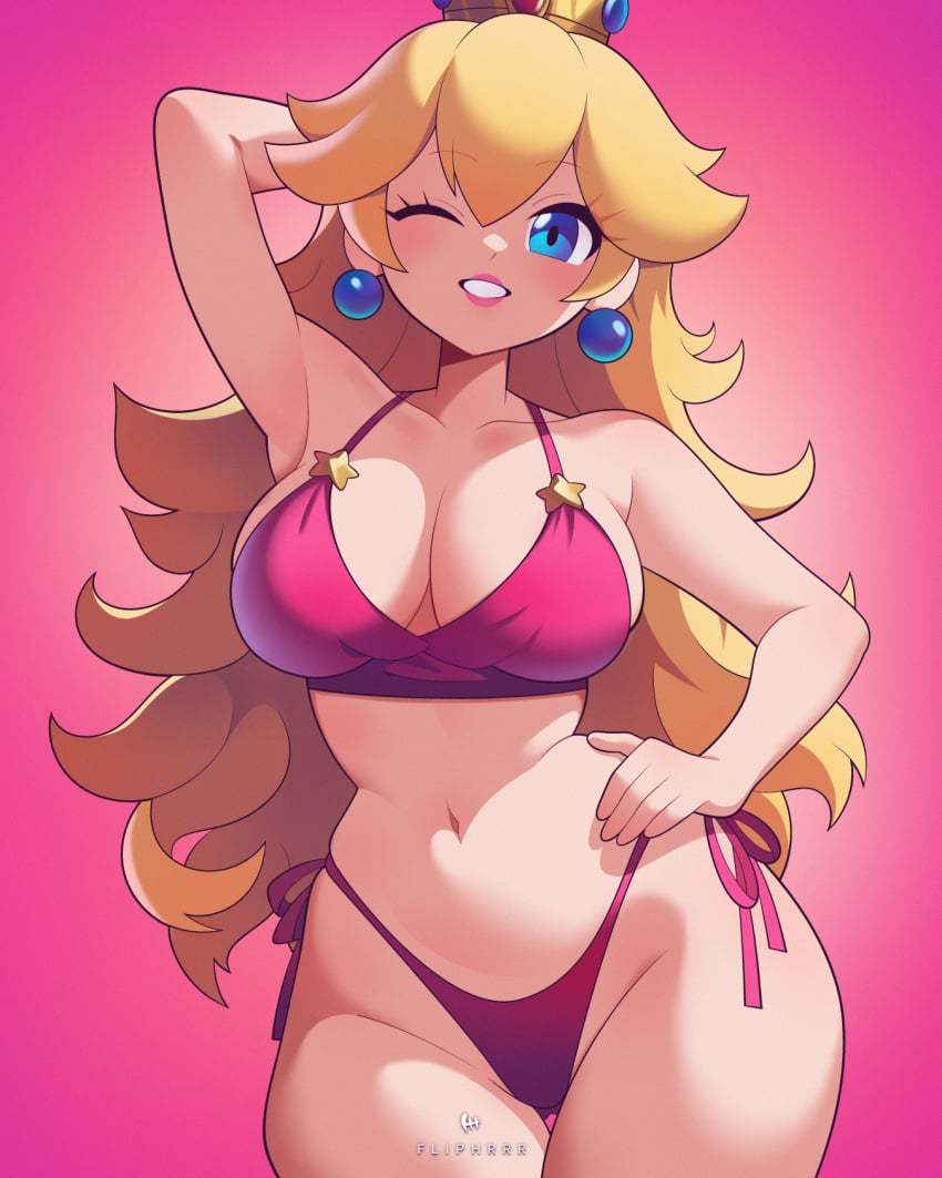 bikini blonde_hair blue_eyes crown female female_only flipherrrr light_skin long_hair mario_(series) nintendo princess_peach tagme wink winking