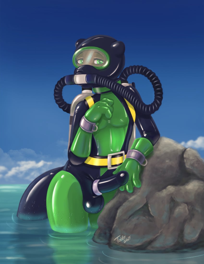 bulge catsuit_(disambiguation) diver diver_tank hose male male_only mammal mask mustelid otter penis rubber scuba shiny solo tobbywolf wetsuit