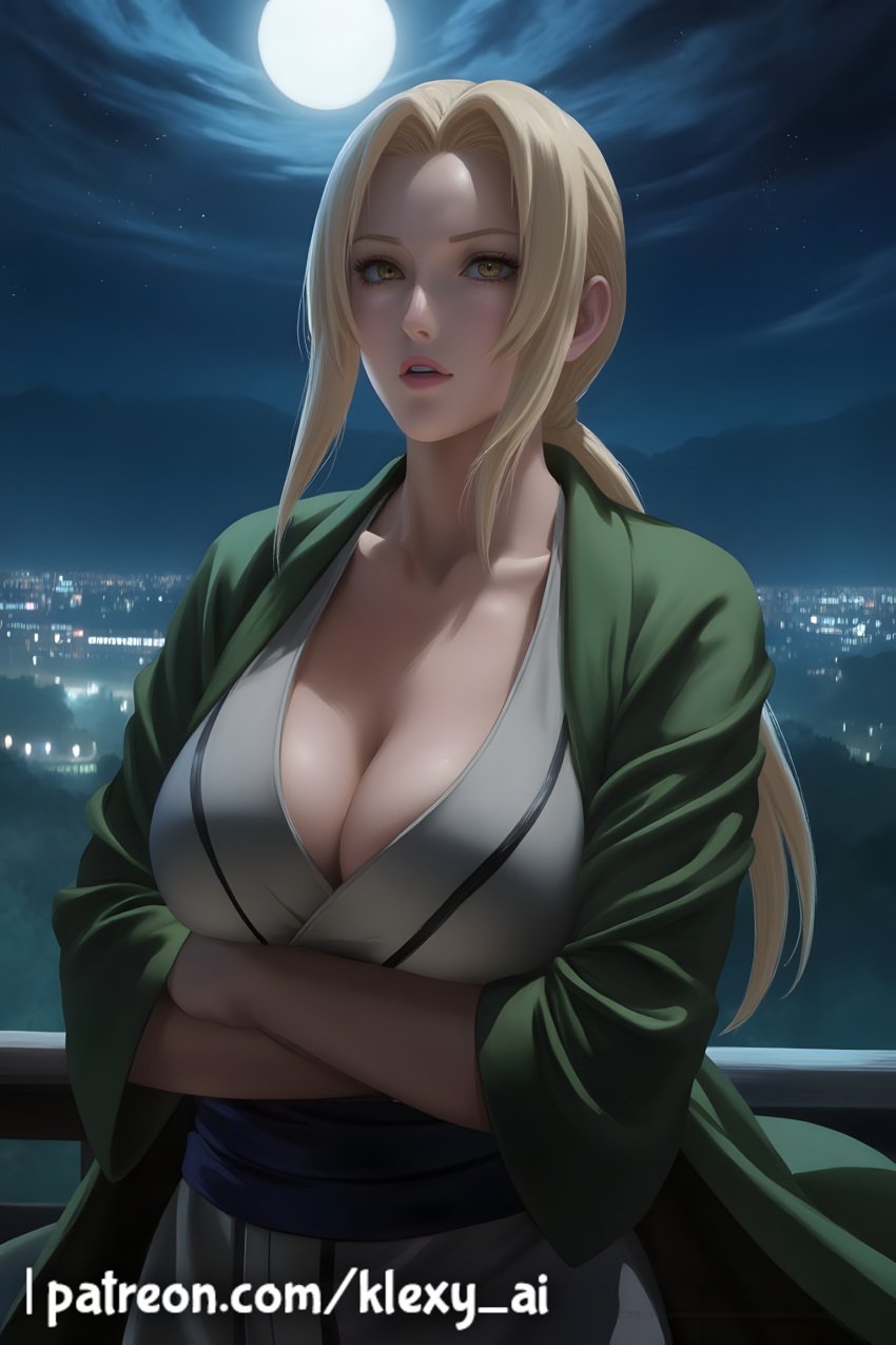 ai_generated alternate_version_available arms_crossed arms_crossed_under_breasts big_breasts blonde_female blonde_hair blush clothed clothed_female clothing crossed_arms female female_only fully_clothed fully_clothed_female klexyai looking_at_viewer moon moonlight naruto naruto_(series) night open_mouth patreon patreon_username sfw sfw_version shiny shiny_clothes shiny_skin solo solo_female tsunade