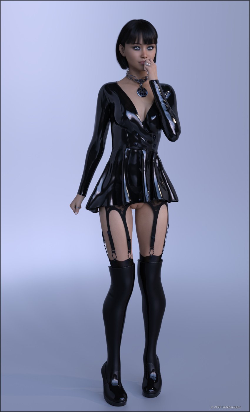 3d 3d_render black_hair cleavage collar dress eyeshadow female female_only hairless_pussy katzenauge1 latex latex_clothing makeup mascara png shiny_clothes solo solo_female stockings